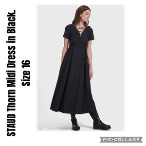 STAUD Thorn Midi Dress in Black. Size 16